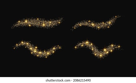 Eine Menge goldglänzender Konfetti-Wellen und Stardust. Goldene magische Funken auf dunklem Hintergrund. Vektorgrafik