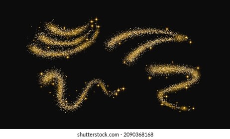 Set of gold glittering confetti waves and stardust. Golden magical sparkles on dark background. Vector illustration