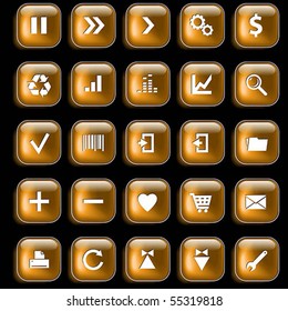 Set of gold glossy buttons for web design on black background