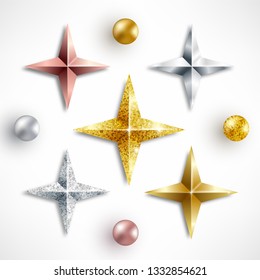Set of Gold glossy metallic sphere and stars isolated on white background. Rose gold, platinum, glitter, silver beads and stars. Realistic decor vector illustration