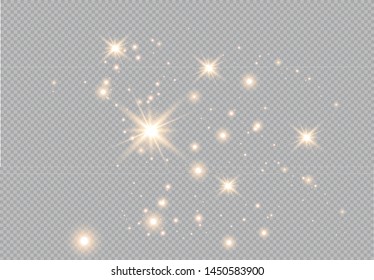 Set of gold glowing light effects isolated on transparent background. Glow light effect. Star exploded sparkles.