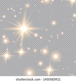 Set of gold glowing light effects isolated on transparent background. Glow light effect. Star exploded sparkles.