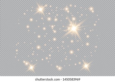 Set of gold glowing light effects isolated on transparent background. Glow light effect. Star exploded sparkles.