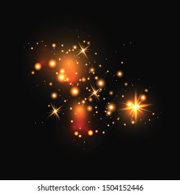 Set of gold glowing light effects isolated on dark background. Glow light effect. Star exploded sparkles.