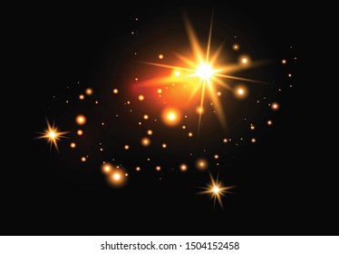 Set of gold glowing light effects isolated on dark background. Glow light effect. Star exploded sparkles.