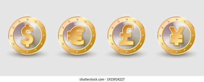 Juego de oro, monedas de oro con centro de plata, euro, dólar, yen, libra monetaria con fondo blanco. Ilustración vectorial para tarjeta, fiesta, diseño, volante, afiche, decoración, banner, web, publicidad.