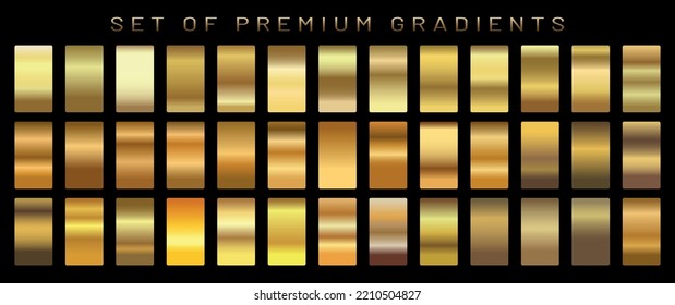 Set Gold Gradient Chrome Color Foil Texture Background. Vector Golden, Copper Brass And Metal Template.