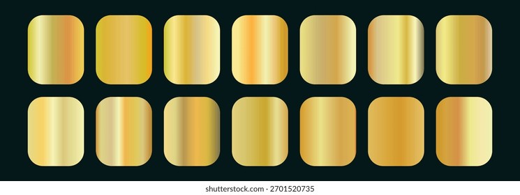 Definir gradiente de ouro Fundo de textura de folha de cor cromada. vetor dourado, latão de cobre e molde de metal. grande conjunto de gradientes de ouro metálico	