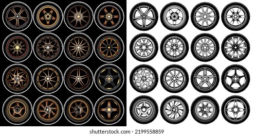 Set Of Gold Gradient Color Of Car Wheel, Rubber Tyre, Truck Wheel Element Illustration. 3D Illustration Of Rims Car Collections. Vector Eps 10.