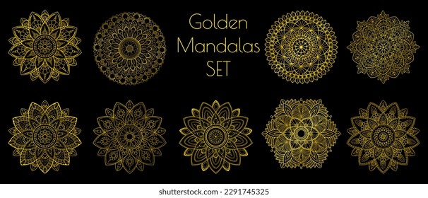 Set of gold gradient linear mandalas. Decorative ethnic ornamental elements