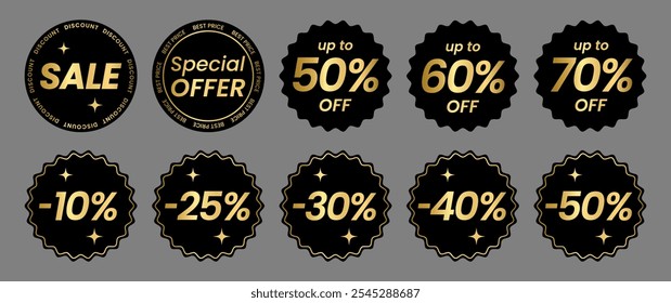 Set gold gradient stickers, label with metalic effect. Isolated shiny bright glossy emblems Sale, up to 50% off, 40%, 60%, 70%, Discount, best price, special offer. Vector illustration EPS10

