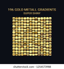 Set of Gold Gradient templates. High quality golden gradients for digital design. Pure metallic texture. For text, coin, mockup, frame, ribbon, holidays design and ornament. Vector illustration
