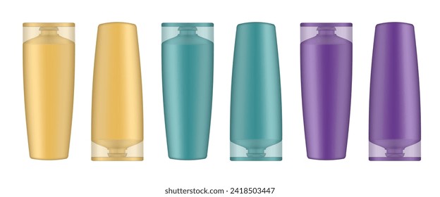 Set of gold, green and purple shampoo and conditioner bottles. Realistic mockup. Korean packaging. Lotion or shower gel. Hair treatment, mask. Cosmetic bottle with transparent cap standing upside down