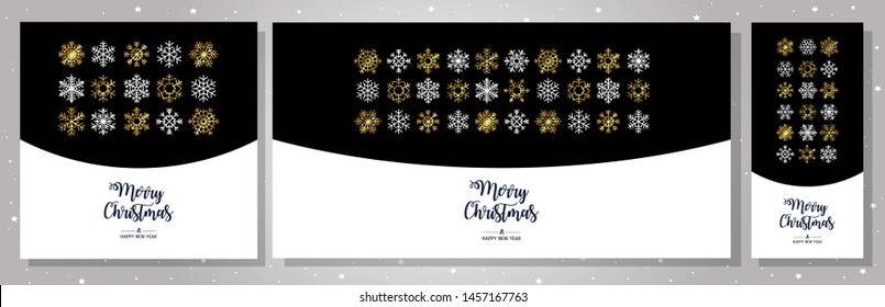 Set gold greeting cards Merry Christmas. Vector illustration with Christmas elements snowflakes. Simple modern pattern.