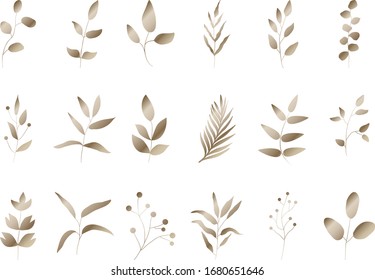 Set gold hand drawn leaves. Golden doodle floral for invitations, greeting cards, banners.
