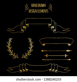 Set of gold hand drawn vintage elements. Ribbons, arrows, laurel wreath, page dividers. Hand drawn sketch, vector illustration for bullet journal, notepad, memobook, scrapbooking, invitations, wedding