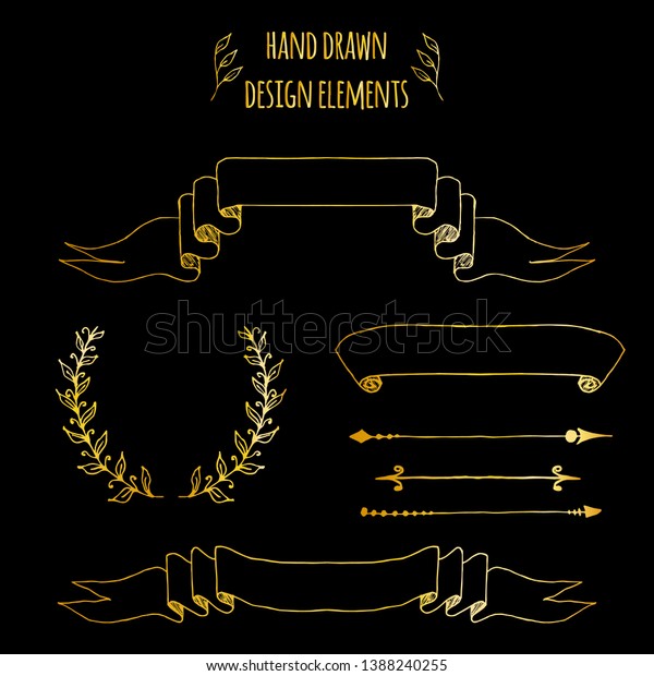Set of gold hand drawn vintage elements. Ribbons,\
arrows, laurel wreath, page dividers. Hand drawn sketch, vector\
illustration for bullet journal, notepad, memobook, scrapbooking,\
invitations, wedding