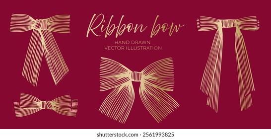 Set of gold hand-drawn ribbon bows on a red background. Elegant vector illustration for holiday decoration. Design for cards, invitations, posters, and banners.