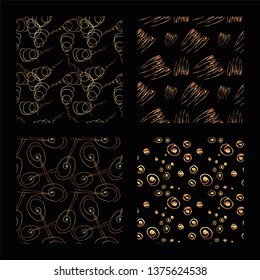 set of gold hand-drawn seamless textures. Vector illustration on black background.