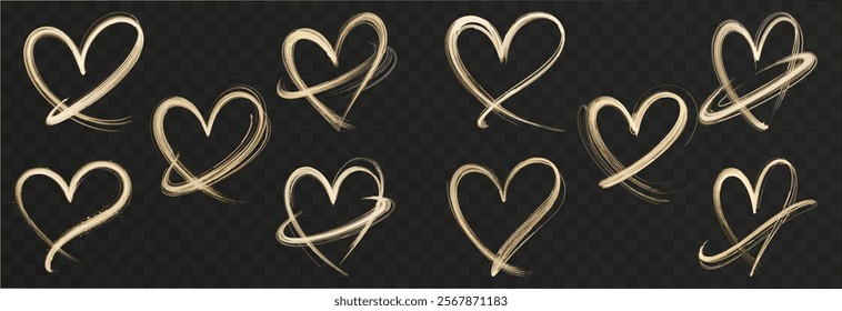 Set of gold hearts with flashes isolated on transparent background. Light heart for holiday cards, banners, invitations. Heart-shaped gold wire glow. PNG image.