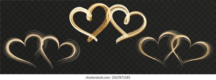 Set of gold hearts with flashes isolated on transparent background. Light heart for holiday cards, banners, invitations. Heart-shaped gold wire glow. PNG image.