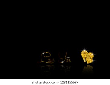 Set of Gold hearts of glittering mosaic, the shape of a heart is from golden glitter and text with gold curls: love you. Valentine's day card concept in luxury black background