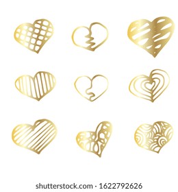 Set of gold Hearts icons Drawing illustration Hand drawn doodle Sketch line vector. For stickers, icons, design and decor. Isolated on a white background.