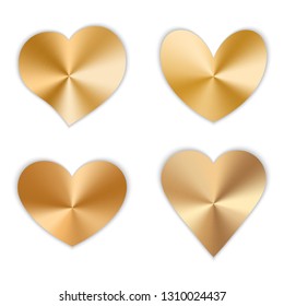 A set of gold hearts with a metallic texture for a romantic design for Valentine's Day, design cards for Mother's Day, March 8 and birthday. Vector illustration on white background.