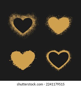 Set of gold hearts on black background. Hand drawn spray paint heart. Grunge vector hearts. Valentine background. 