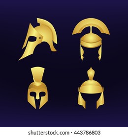 Set of gold helmets of different eras. Blue background.