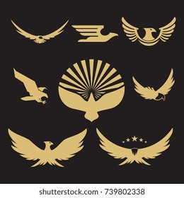 Set of gold heraldic eagle logo design for business company. Vector illustration