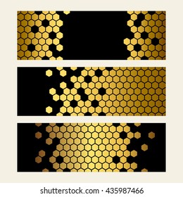 Set of gold hexagon banners.Honeycombs organic product background. Vector illustration.