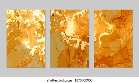 Set of gold and honey flyers with geode. Marble abstract pattern. Alcohol ink technique stone texture. Vector background. Modern paint with glitter. Banner, poster design template.