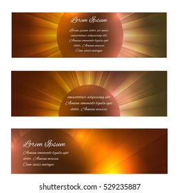 Set of gold horizontal banners with abstract central lines, sequins and place for text. Vector element for your design