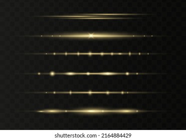 Set of gold horizontal lens flares pack. Abstract light flares, laser beams, sparkling lined, horizontal light rays. Vector illustration.