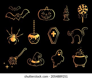 Set of gold icons of Halloween. Vector illustration.
