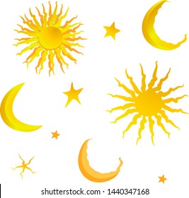 Set of gold icons and ornaments for cards sun, month, moon and stars. Heavenly luminaries. Wavy lines, vector illustration.