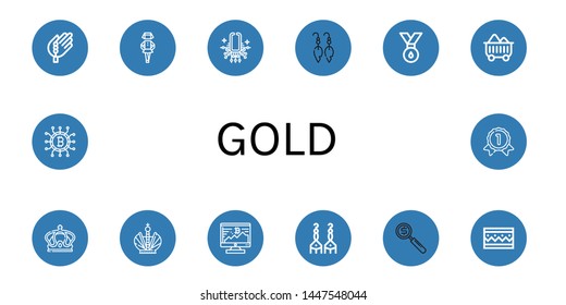 Set of gold icons such as Bead, Irish, Necklace, Earrings, Medal, Coal, Crown, Bitcoin, Investment, Bracelet, Cryptocurrency, Gold medal , gold