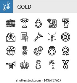 Set of gold icons such as Earrings, Coal, Trophy, Ring, Bitcoin, Insert coin, Prize, Trumpet, Necklace, Medal, Crown, Wedding ring, Reflector , gold