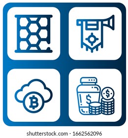 Set of gold icons. Such as Honeycomb, Trumpet, Bitcoin, Money jar , gold icons