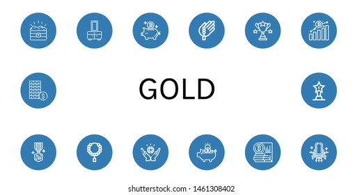 Set of gold icons such as Treasure, Chest, Piggy bank, Bead, Trophy, Bitcoin, Medal, Jewelry, Necklace, Investment , gold