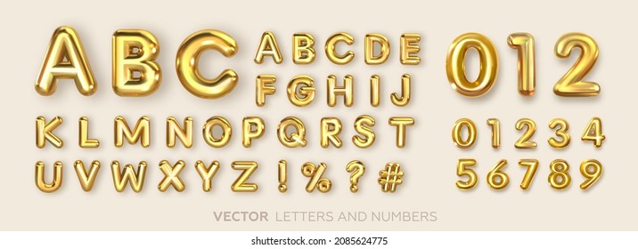 Set of gold isolated alphabet letters and numbers. Gold yellow metallic letter. Alphabetical font. Foil symbol. Bright metallic 3D, realistic vector illustration