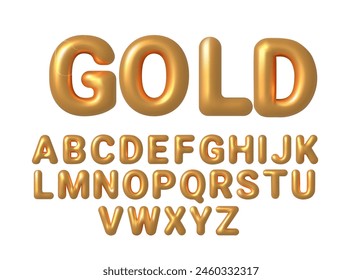 Conjunto de letras de alfabeto dorado aislado. Letra metálica amarillo dorado. Alfabética fuente dorada. Símbolo de lámina. 3D metálico brillante, Ilustración vectorial realista