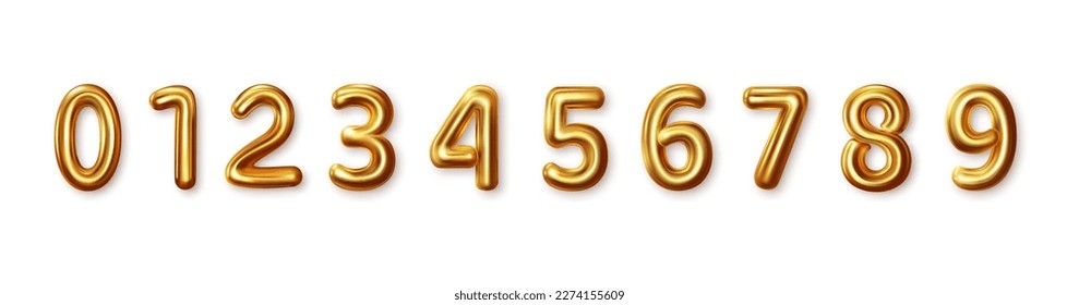 Set of gold isolated numbers. Gold yellow metallic number 1 2 3 4 5 6 7 8 9 0. Bright metallic 3D, realistic vector illustration