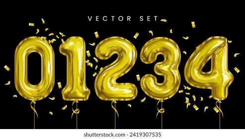 Set of gold isolated numbers. Gold yellow metallic letter. Bright metallic 3D, realistic vector illustration