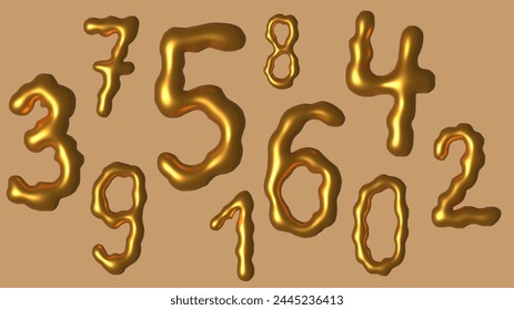 Set of gold isolated numbers. Gold yellow metallic figure. Foil symbol. Bright metallic 3D, realistic vector illustration