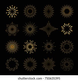 Set of gold isolated sunburst rays design elements on a black background.