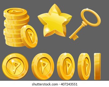 Set of gold items, coins, star and key. Resource icons for games. Vector illustration.