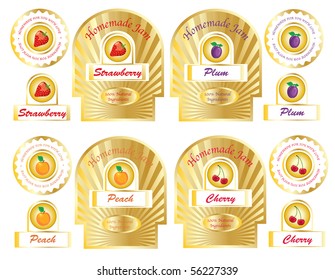 A set of gold jam labels for homemade jams and preserves. EPS10 vector.