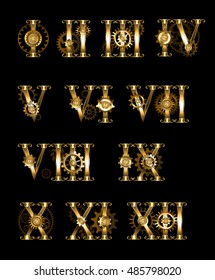 Set of gold, jewelry, isolated Steampunk Roman numerals with gears on black background.